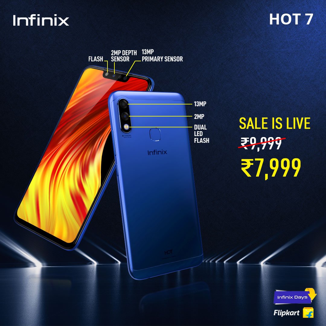 InfinixIndia's tweet photo. infinix Hot 7, with quad-camera, is available on Infinix Days Sale from 22nd – 25th August.

Head to Flipkart now!

#InfinixIndia #InfinixHot7 #SaleIsLive #InfinixDays #AvailableOnFlipkart https://t.co/Qau4rpGk7h