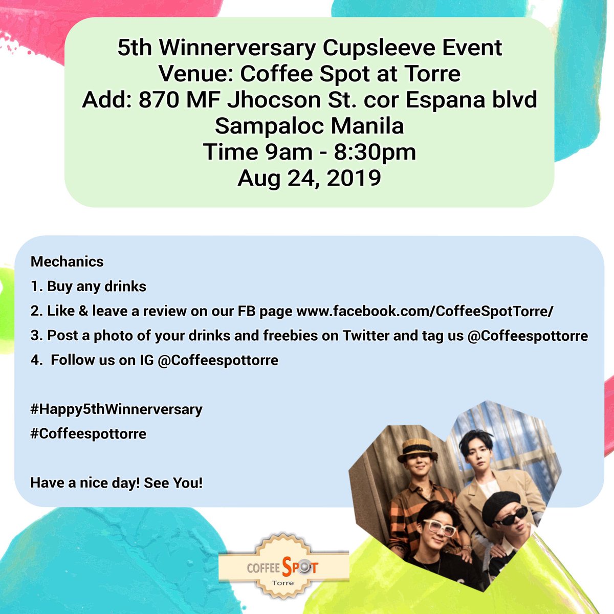 CoffeeSpotTorre's tweet photo. Dont forget tomorrow is the Big day pls drop by for some coffee and well be playing some Winner songs. too. ππππ
See you tomorrow!!! #WINNER #Innercircle #Winnerph #Yoon #Mino #Hoony #Jinu
#CALL_ANYTIME #κΉμ§μ° #λλλ https://t.co/oL7Y1WEBkj