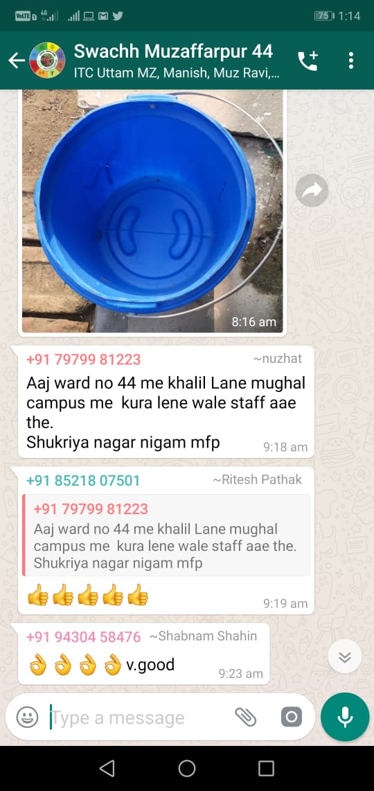 Muzaffarpur_SCM's tweet photo. @muzaffarpur_scm connects with its citizens in every ward and monitors the #wastemanagement collection &amp; transportation status using whatsapp groups. It also acts as a complaint and redressal mechanism. https://t.co/JnyB3UEEZE