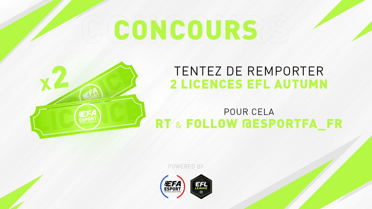 [CONCOURS 🎁]

Il suffit de RT &amp; Follow !

Deux gagnants tirés au sort pour remporter une licence EFL Automne.

Le tirage aura lieu dimanche 8 septembre aux alentours de 19 heures !

Bonne chance 🤞