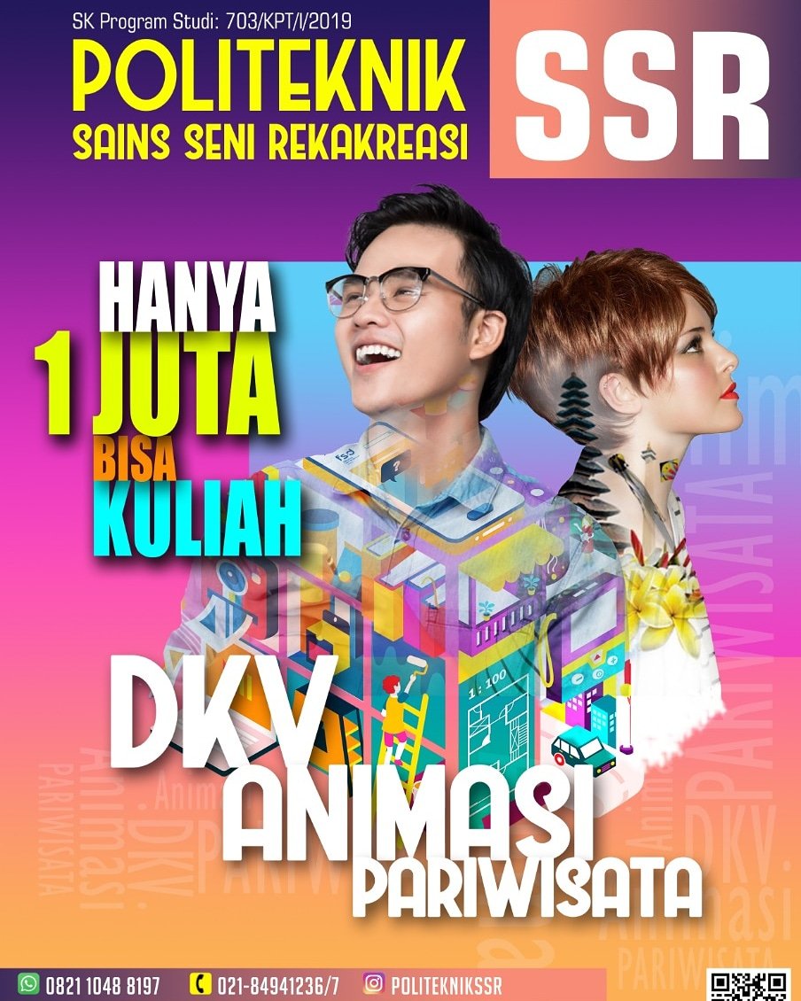 SSR_Jakarta's tweet photo. HANYA 1 JUTA BISA KULIAH!! Politeknik SSR memberikan penawaran khusus pada program studi DKV, Animasi dan Pariwisata. 
Untuk info lebih lanjut, hubungi contact person yang tertera atau mengunjungi kantor kami di Jl. Raya Ciangsana No. 1 Gunung Putri, Kab. Bogor, Jawa Barat 16968. https://t.co/JoRAoOfV5u