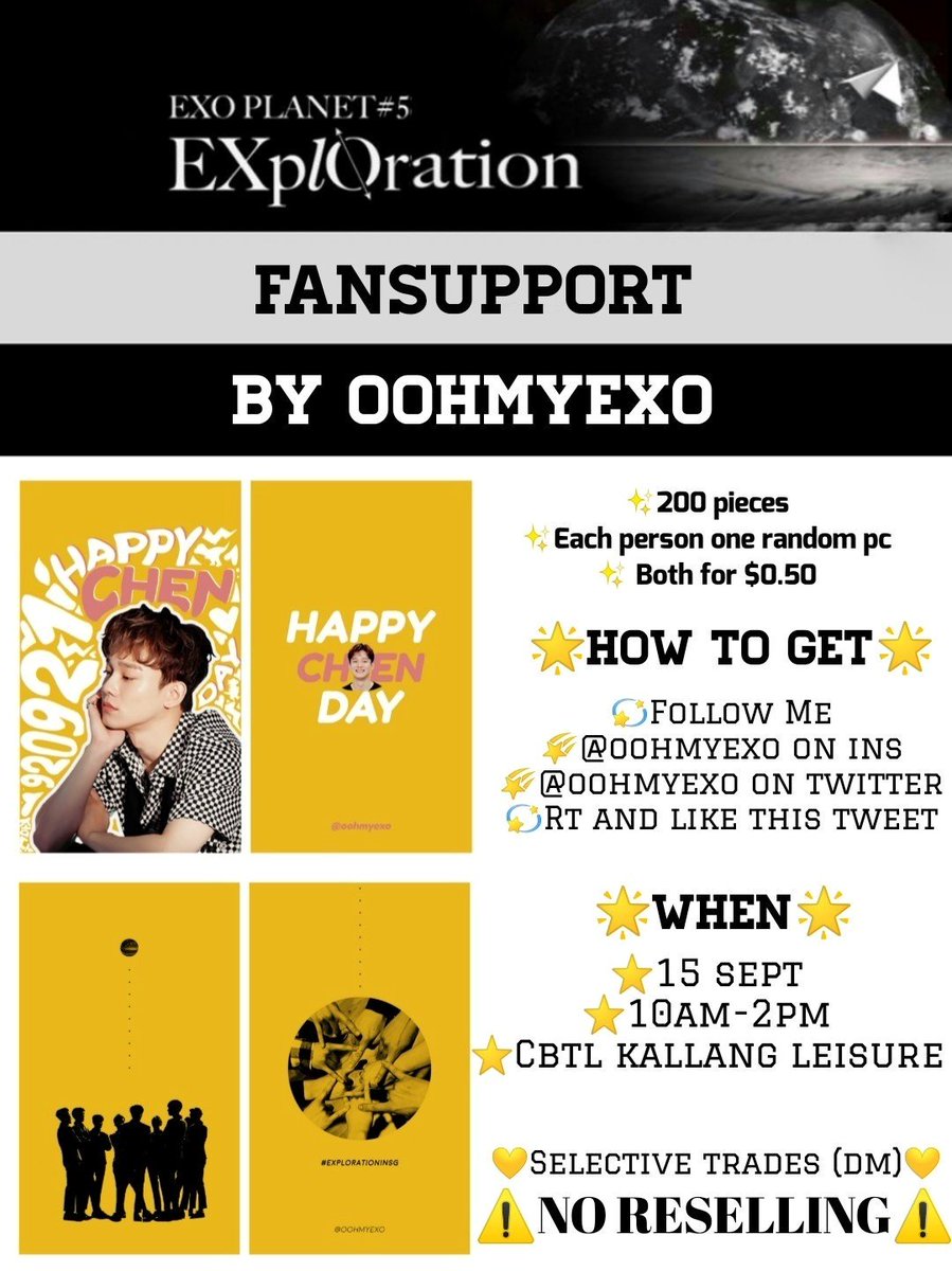 oohmyexo_'s tweet photo. 💫Fansupport for #EXplOrationinSG💫

💌Follow both acc + rt + like 
💌Venue &amp; time subject to changes
💌Reservations/set at $0.50 
💌Selective trades (please dm)

⚠️STRICTLY NO RESELLING⚠️

#EXOINSG #EXO #BAEKHYUN #CHANYEOL #DO #KAI #SEHUN #SUHO #LAY #XIUMIN #CHEN @weareoneEXO https://t.co/bEDughIu3N
