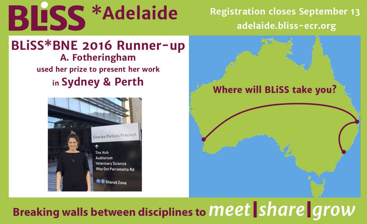 BLiSS*Adelaide is designed for EMCRs to spark collaborations + offers cool career development prizes! Past winner Amelia used her prize to take her work across the country - where could BLiSS take you?
Register to be eligible for our collaboration prize: adelaide.bliss-ecr.org/2019/