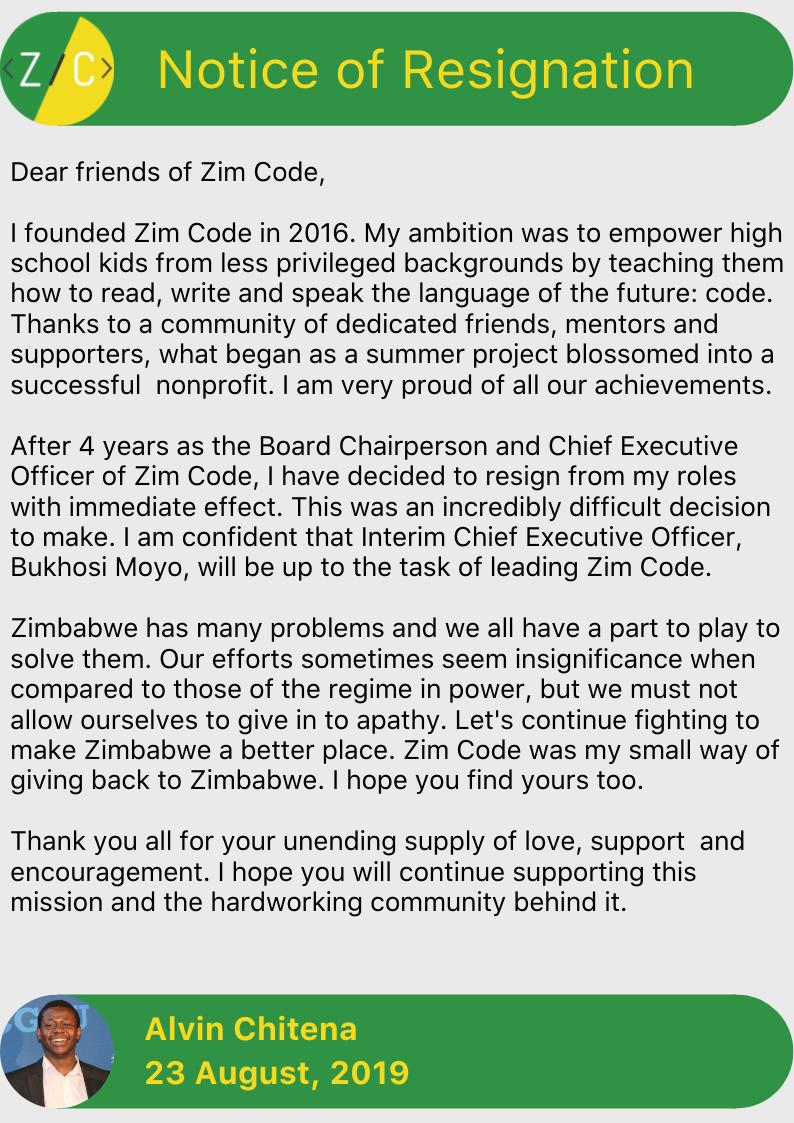 For public release: Notice of resignation by Alvin Chitena.