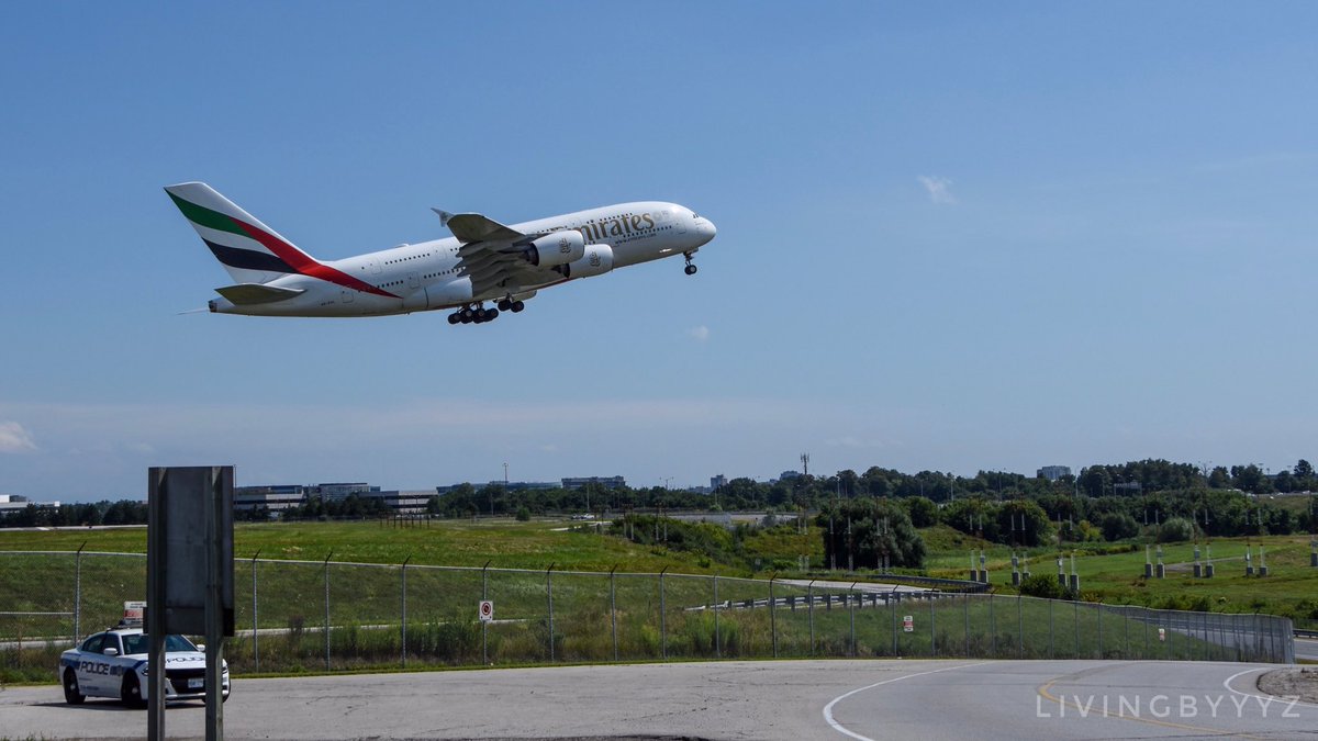 livingbyyyz's tweet photo. ***Coming out hot***

@emirates leaving Toronto Pearson, and this picture isn’t the prettiest, but it shows how high a plane gets of this size before the end of the runway.

#emiates #avgeek #aviationphotography #yyz #Toronto https://t.co/qHpyjyrw3K