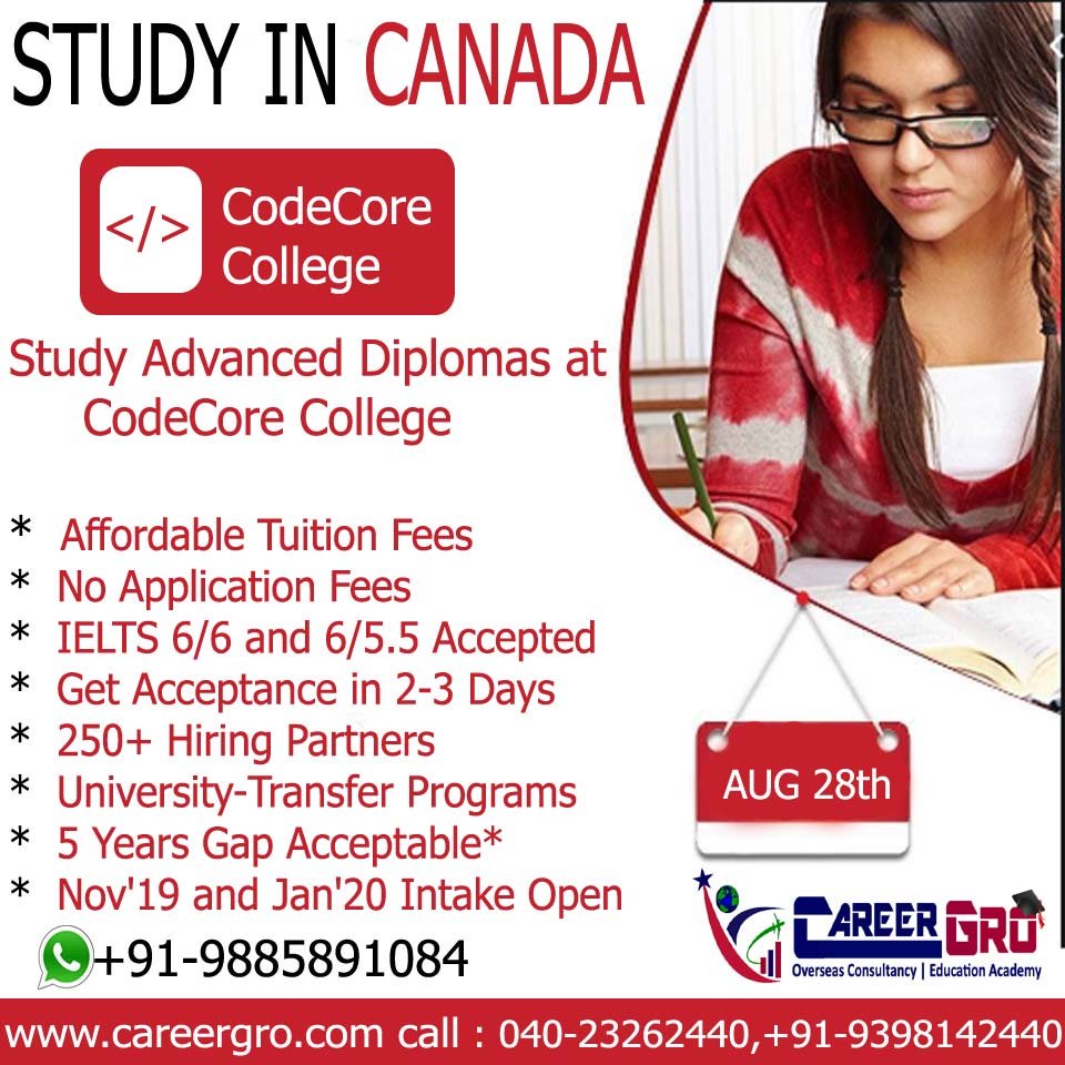 Careergro's tweet image. 👉Study Advanced #Diplomas at #CodeCore College, #CANADA. #IELTS 6/6 and 6/5.5 Accepted. Get Acceptance in 2-3 Days. 5 Years Gap Acceptable*. Nov'19 and Jan'20 Intake Open. Further Details Contact Us +91-9398142440 #StudyAbroad #StudentVisa #HigherEducation #fridaymorning