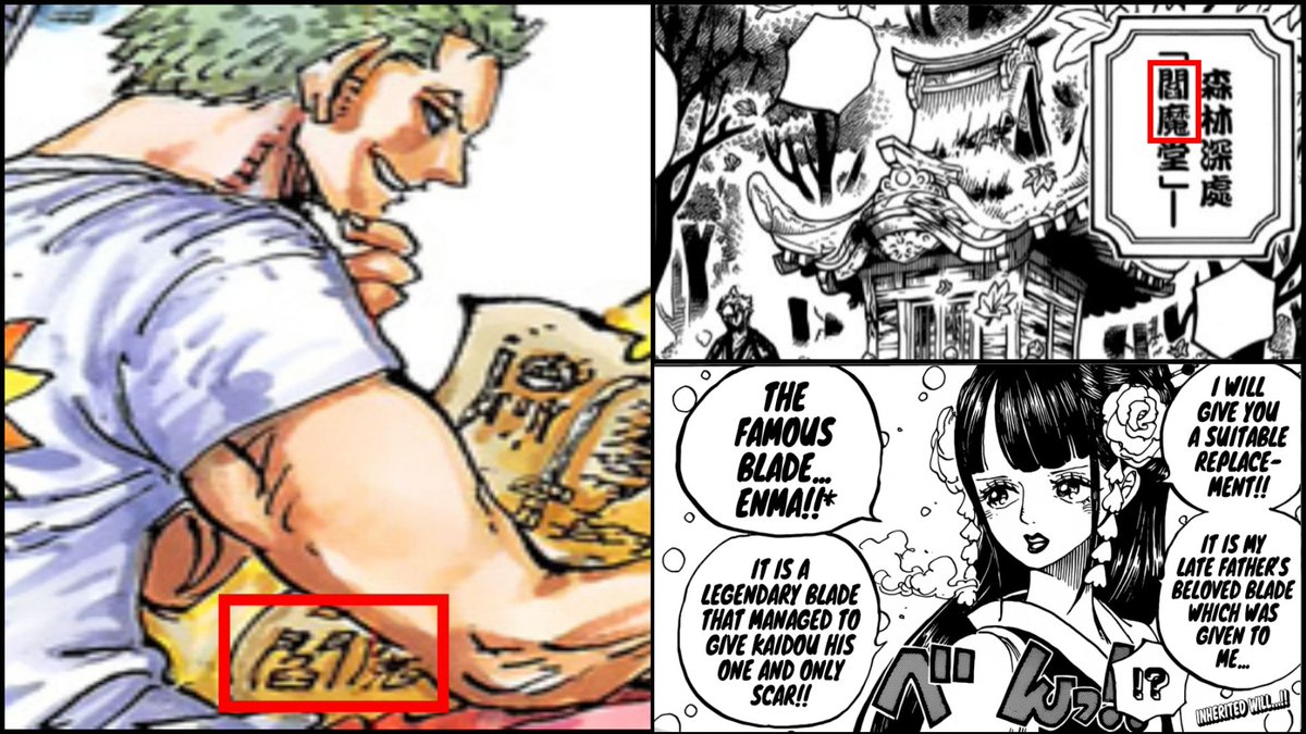 Kumi In The Color Spread For Chapter 937 Zoro Is Looking At A Sword With The Kanji For Enma 阎魔 There S Even A Shrine Dedicated To Enma In Chapter 950