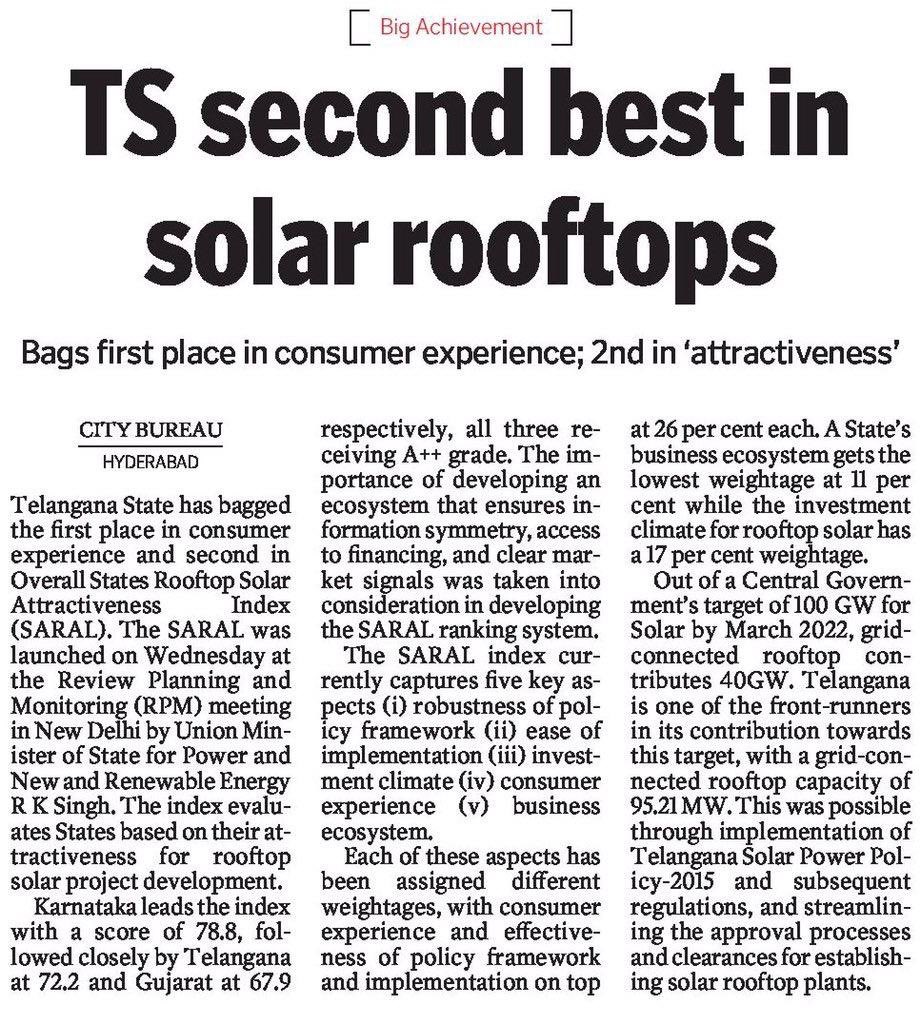 KTRBRS's tweet photo. Proud that Telangana has ramped up its solar power from mere 30MW at the time of formation of state, to 3700MW plus in a short span

Recent report released by Union Minister RK Singh puts Telangana 2nd in the country in SARAL &amp; more importantly on top spot in consumer experience https://t.co/gDJZ1cvfzS