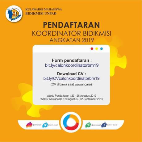 [PENDAFTARAN KOORDINATOR BIDIKMISI ANGKATAN 2019]

Haloo Kabimers😊 
Sudah tau kan untuk satu angkatan akan ada seorang koordinator yang memimpin. Bagi yang ingin mendaftar bisa isi form nya dan saat wawancara wajib membawa CV yang sudah diisi lengkap.

CP :
Derra - 085925320621