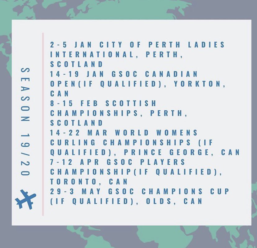 Team_Muirhead's tweet photo. Our schedule 2019/2020 โ๏ธ๐ฅ Excited to get back on the ice and work hard! Thank you to @GoldlineCurling @NobisInc & @FairmontStA for their continued support! ๐ช๐ผ #teammuirhead #getyourairtime #ThisIsNobis #fairmontstandrews https://t.co/jKcHaIHokI