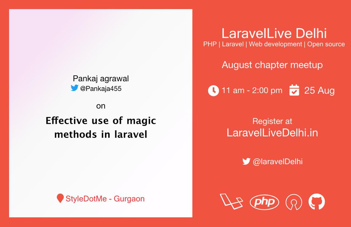 LaravelDelhi's tweet photo. 🥁🥁🥁
😍 Hello Devs
💡Its time for announcing another special talk for our upcoming "August chapter meetup"
✅ "Effective use of magic methods in Laravel"
- by @pankaja455
🎟️ Register today at https://t.co/R0fguEiS3u
#laravel #delhi #meetup #php #laravelLive #magicMethod https://t.co/fXrieUOwwx