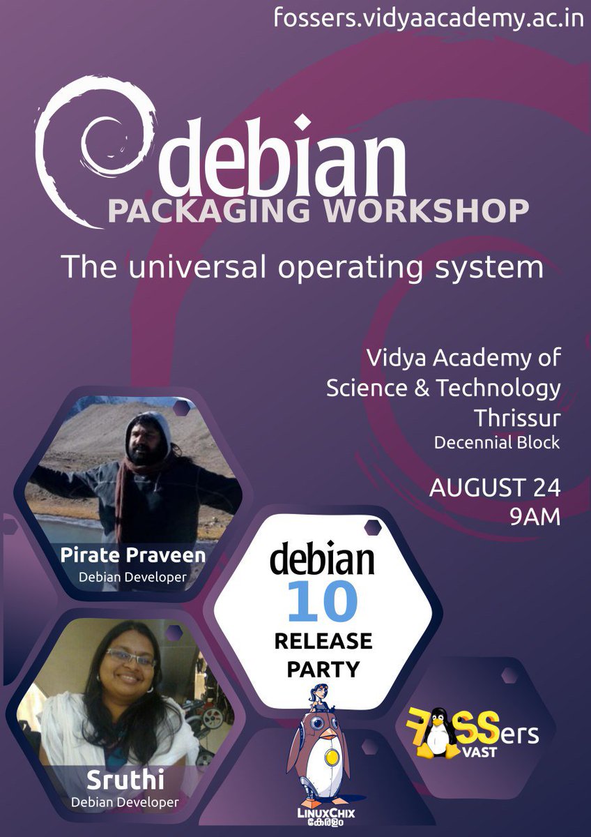 linuxchixkl's tweet photo. FOSSers of VAST is conducting a one-day free Debian Packaging workshop on August 24th 😍
Learn how to contribute to the Debian Operating System by making packages. We're also conducting Debian 10 release party. We have two Debian Developers joining us for the event ! 🎉

#debian https://t.co/dEZLpihgyD