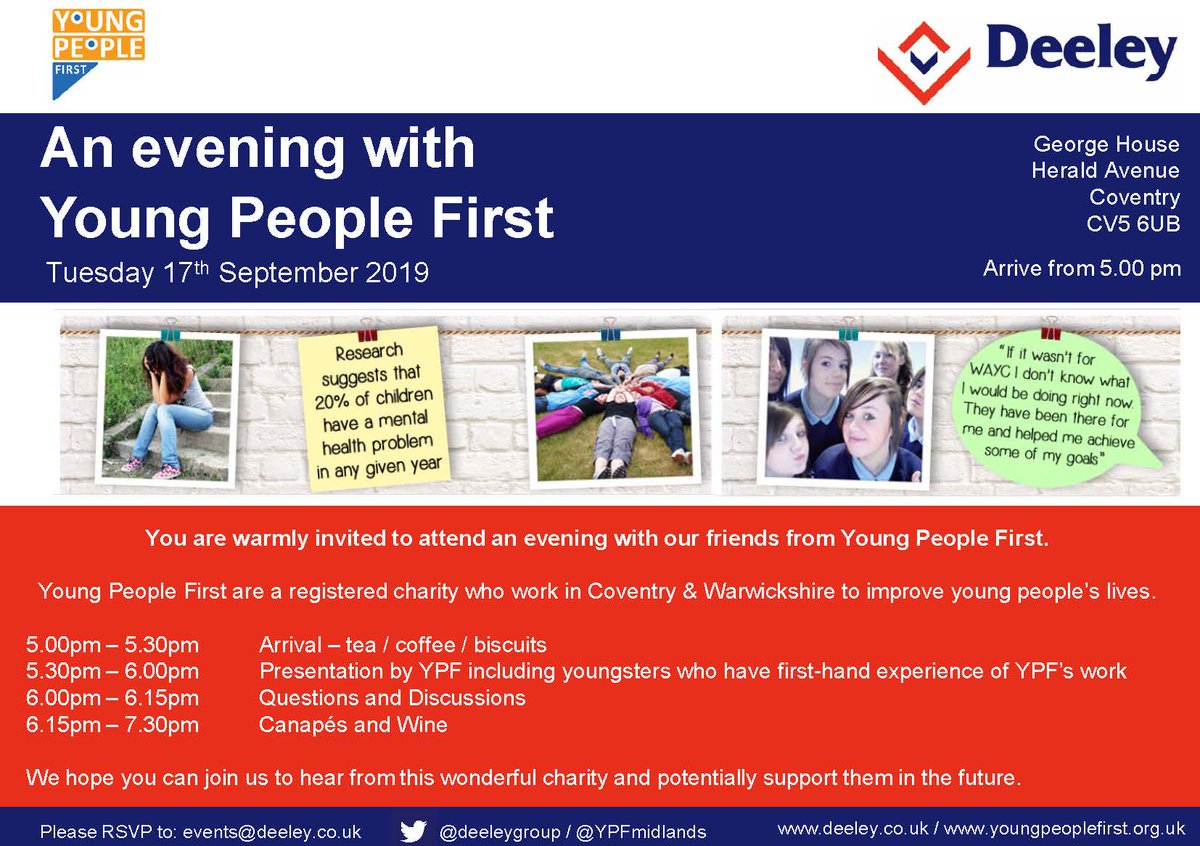 On Tuesday 17th September we are hosting a reception for the amazing charity, Young People First. It will a great opportunity to hear about the wonderful work @YPFmidlands do across Coventry & Warwickshire. If you wish to join us please email events@deeley.co.uk