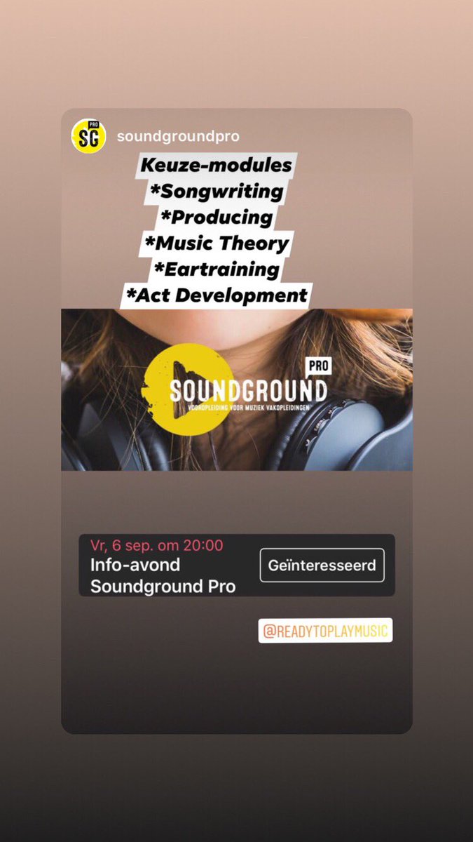 Open info-avond Soundground-Pro. 6 september 20.00 uur voor gevorderde muzikanten Info keuze-modules #songwriting #beatmaking #producing #musictheory #eartraining #auteursrecht #actdevelopment #performance  #improvising #gigs #poen locatie <a href="/MusiconCafe/">Muziekcafé Musicon</a> vragen?mail Info@r2p.nl