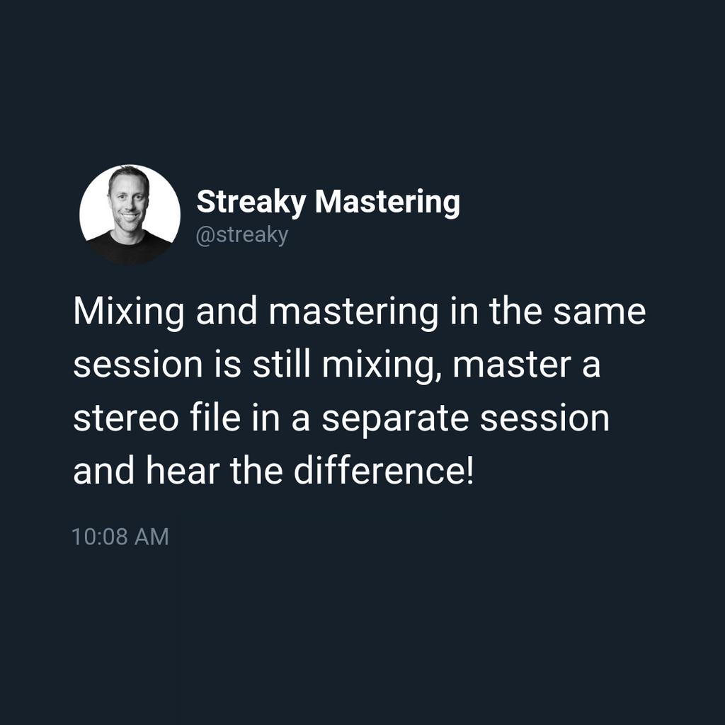 StreakyAcademy's tweet photo. Mix or Master, But Never Together.
#masteringtips #audioengineertip #mastering #mixing #music #masteringstudio #audioengineer #sound #streakymastering #quote #masteringtip #mixingandmastering #masteringguru https://t.co/NbIOrutkqi