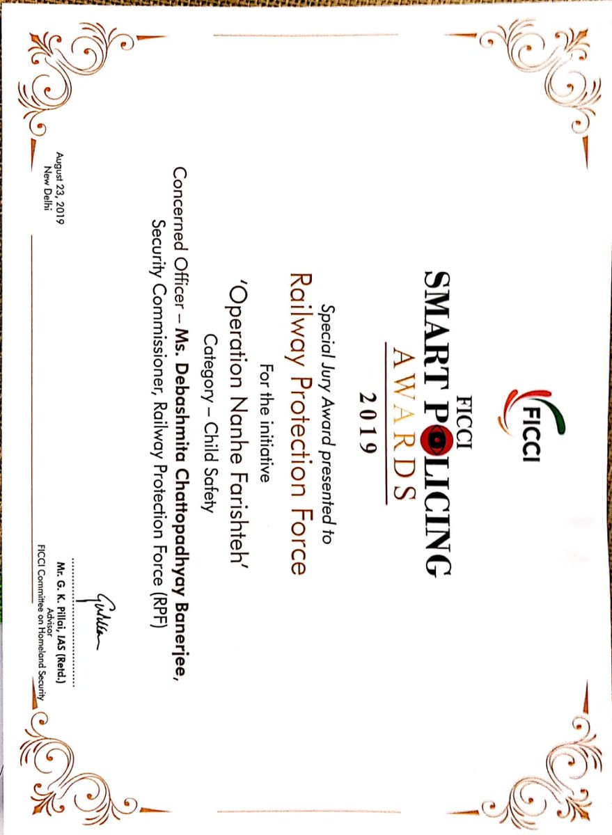 Debashmita C Banerjee,  DSC/Bangaluru Div awarded FICCI Smart Policing Award, 2019 for "Operation Nanhe Farishte" for Child Safety
<a href="/PiyushGoyalOffc/">Piyush Goyal Office</a> 
<a href="/arunkumar783/">arunkumar783</a> 
<a href="/RPF_INDIA/">RPF INDIA</a> 
<a href="/sanjay_sarmera/">Sanjay kishore , IRPFS (retd)</a>