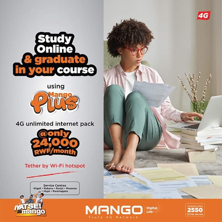 4GusersinRwanda's tweet image. Develop a passion for learning. If you do you will never cease to grow. Study Online &amp;amp; graduate in your course using #MangoPlus 4G unlimited internet pack @ only Rwf 24,000/month with no bundle limits.

#IyatseNaMango #4GUnlimiteddata #LTE #Smartphones #NoBunddles #MangoTelecom