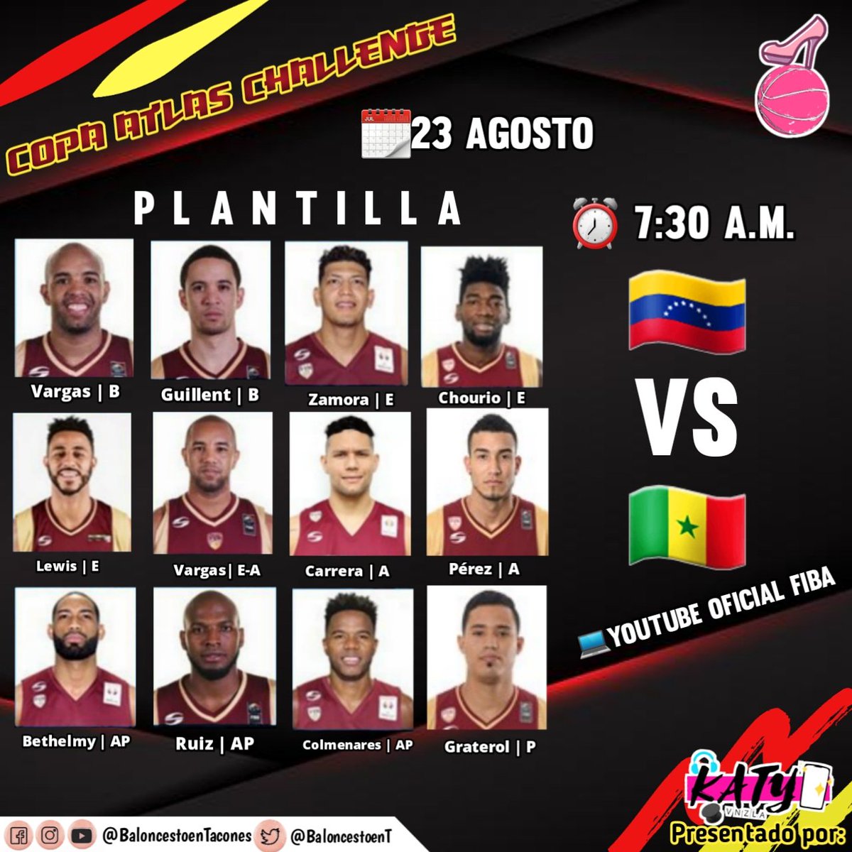 BaloncestoenT's tweet photo. Ellos serán #LosGuerreros que representarán a Venezuela, en la #CopaAtlasChallenge 🏀🏆

🇻🇪VENEZUELA VS SENEGAL 🇸🇳
🗓23 de agosto ⏰ 7:30 a.m.  💻Transmisión web Canal de YouTube Oficial FIBA

¡Apoyemos a nuestra Selección, la mía, la tuya, la de #Venezuela! 💪

#JuntosSomosMas https://t.co/dP0ys7E7mi