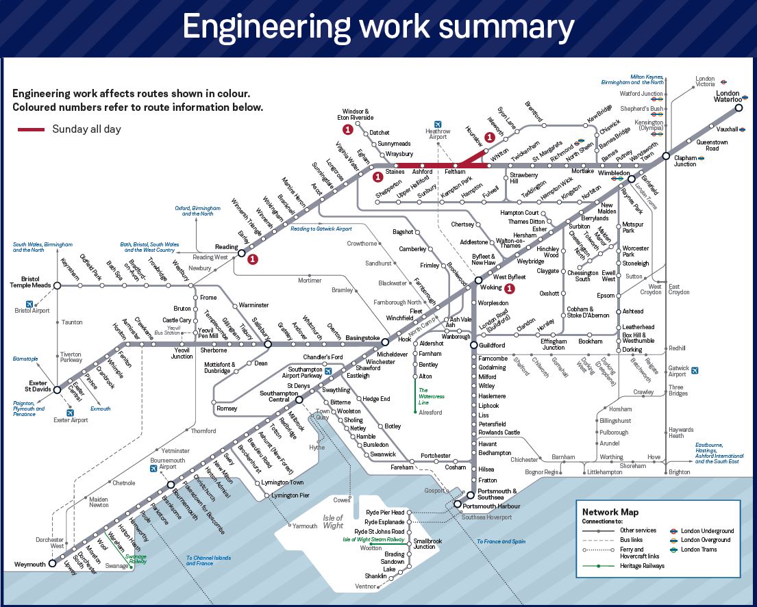🚧 *ENGINEERING* Network Rail planned engineering works will be taking place in the Feltham area, this Sunday 25 August. Please see here: southwesternrailway.com/engineering for details.