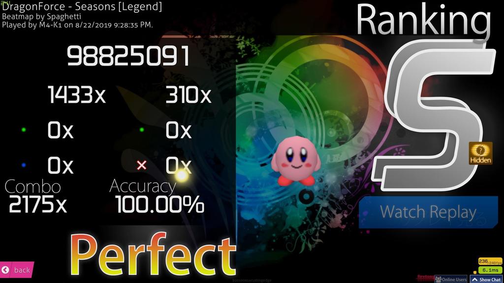 OsuGameTweet's tweet photo. (https://t.co/gDojY7caxp) M4-K1 | Dragonforce - Seasons [Legend] (Spaghetti mapset) +HD SS #1 | 482pp 81.84 UR https://t.co/0AWDjJyiyK