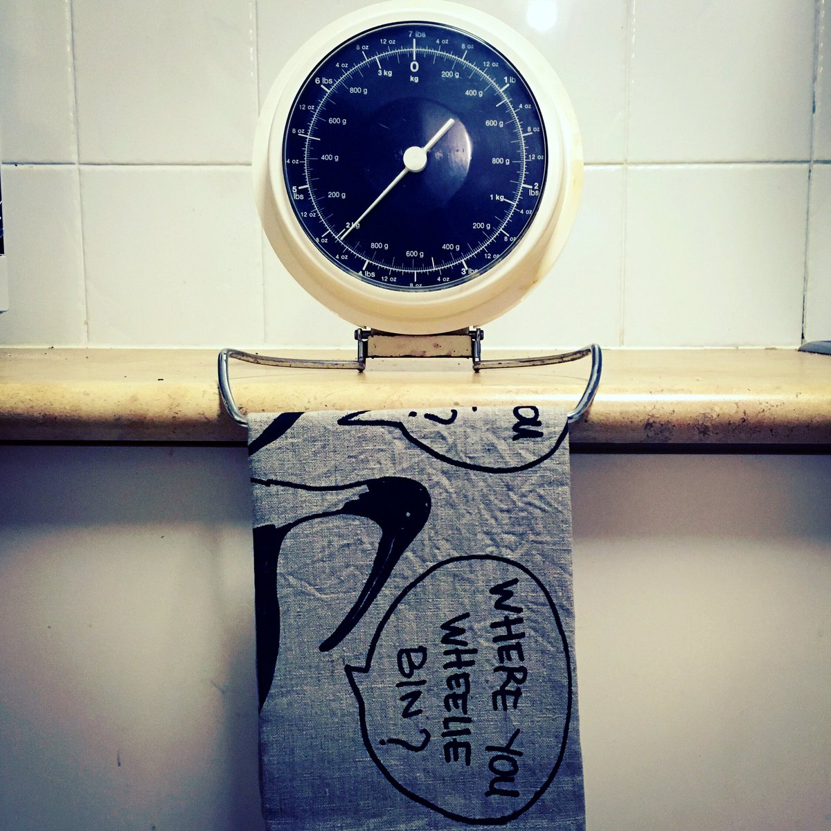 kylastephan's tweet photo. Introducing our new interactive mechanical tea towel rack! Never again will hanging up a tea towel be a chore. I hope. #vintagescales #kitchenscales #wallscales #kitchenalia https://t.co/qbRZZNl6Uj