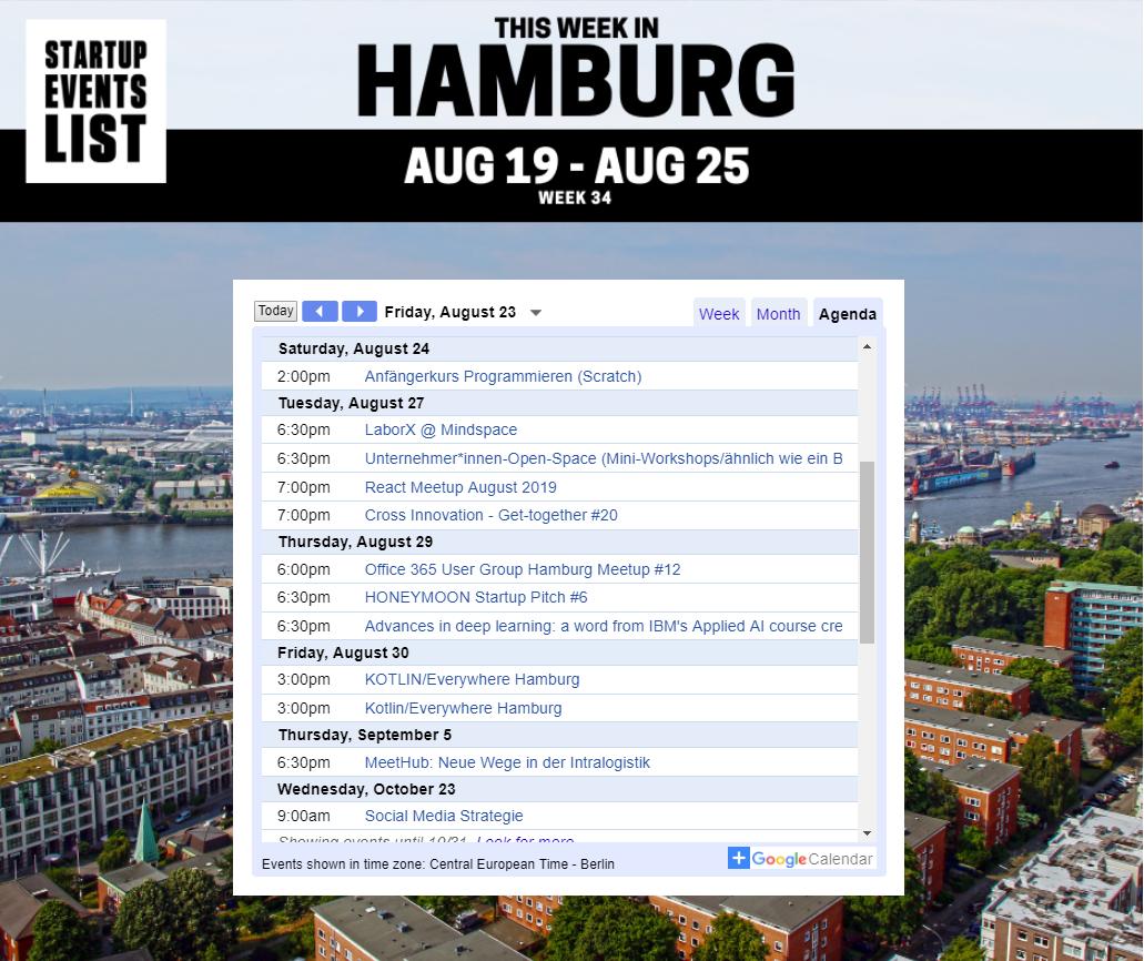 Friday's startup and tech events coming up in Hamburg. Get invites at startupeventslist.com/hamburg

#Hamburg #Germany #startups #tech