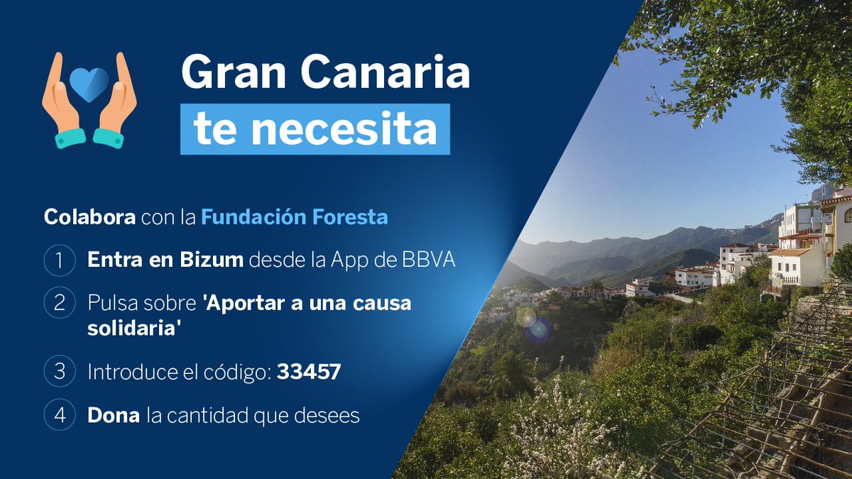 BBVA_espana's tweet photo. Ayuda a reforestar Gran Canaria con una donación a Foresta a través de @Bizum_ES. Solo te llevará un minuto. ¡Haz tu donación y comparte 🙏! #FuerzaGranCanaria https://t.co/lbeA72PKkX