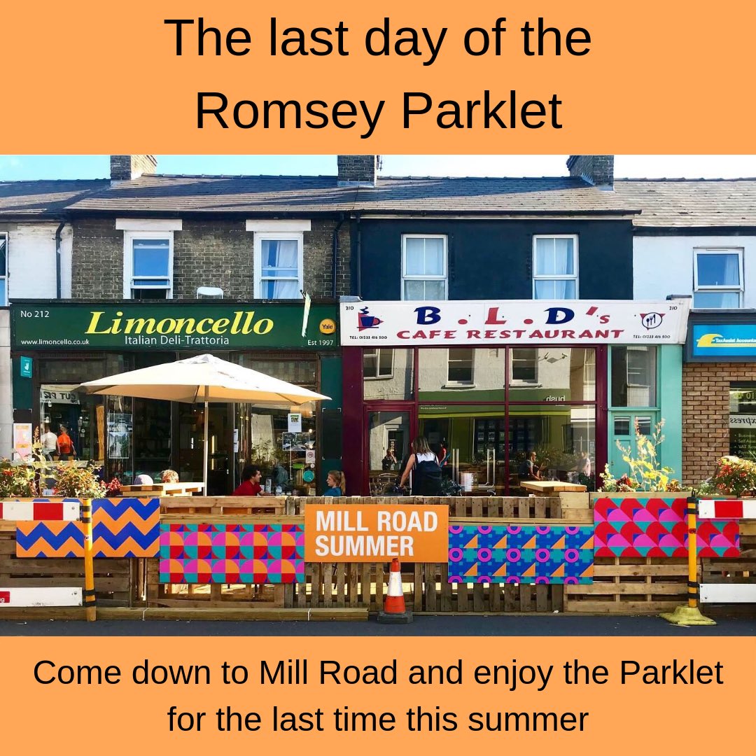 MillRoadSummer's tweet photo. Come and sit in the Parklet for the last time. Buy some take-away food and drink from local businesses and relax in this beautiful space. 

The Parklet will be coming down on Saturday 24th August.

#millroadsummer #millroadcambridge #shopmillroad #eatmillroad #romseyparklet https://t.co/f4QTfRrR4h