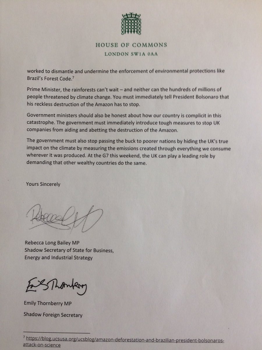 RLong_Bailey's tweet photo. I have written to the PM with colleagues on the Labour front bench, asking him to tell President Bolsonaro that his destruction of the Amazon must stop, and to introduce tough measures to stop companies in the UK from aiding and abetting tropical deforestation #ActForTheAmazon https://t.co/tFHm7buLul