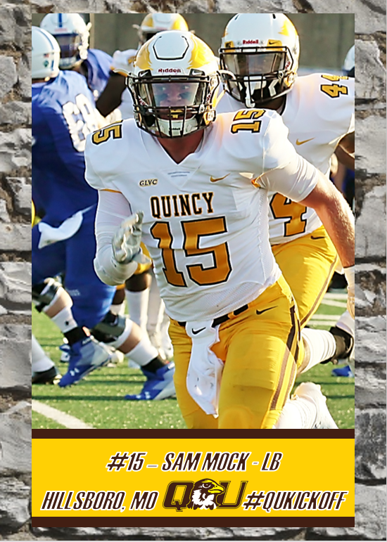QUHawksFootball's tweet photo. A former high school QB, who originally signed to play Safety for us, Sam Mock is a senior linebacker from Hillsboro, MO. He adds great veteran leadership to our defense! 15 days until #QUKICKOFF #PEWAV #FFF #RIGHTNOW https://t.co/Zmx4JW2T1w