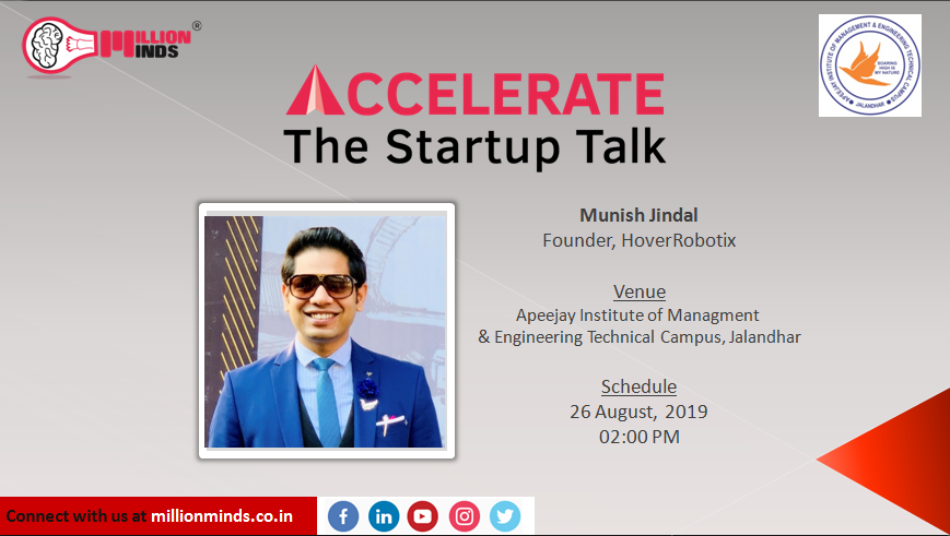 MillionmindsInd's tweet photo. Munish Jindal Founder &amp; CEO, HoverRobotix sharing his insights on #Startup space for budding #Entrepreneur students with "Accelerate: The Startup Talk" organized by 
@MillionmindsInd at Apeejay Institute of Mgnt. &amp; Engg. Technical Campus, Jalandhar.
#TheStartupTalk #Entrepreneurs https://t.co/b6EnMqMUny