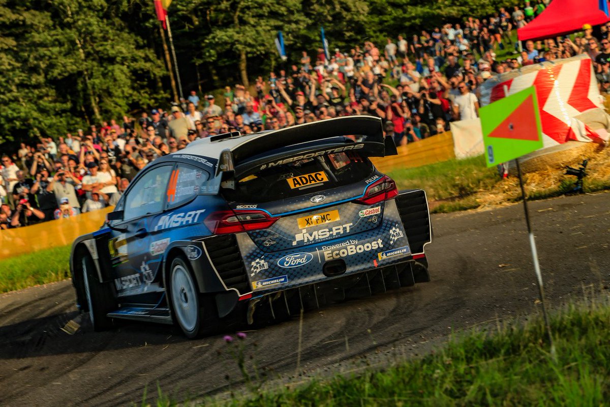 FordRacing's tweet photo. #WRC | The morning action is complete at #RallyeDeutschland, and @MSportLtd Ford World Rally Team's @GusGreensmith is improving with every stage on his asphalt debut with the EcoBoost-powered Ford Fiesta WRC. https://t.co/eZpwPsxixX