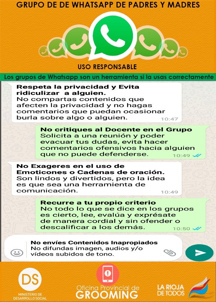 MZimmermannOK's tweet photo. Tods estamos en algun grupo de padres, escuela o vecins. Respetemos el lugar, evitemos el Ciberbullying y sigamos estos consejos.
@GobDeLaRioja @SergioGCasas @DesarrolloLR @juankisantander @aaumada83 @JavierAumada14 @SergioRBriones1 https://t.co/b4iQbCXsfK