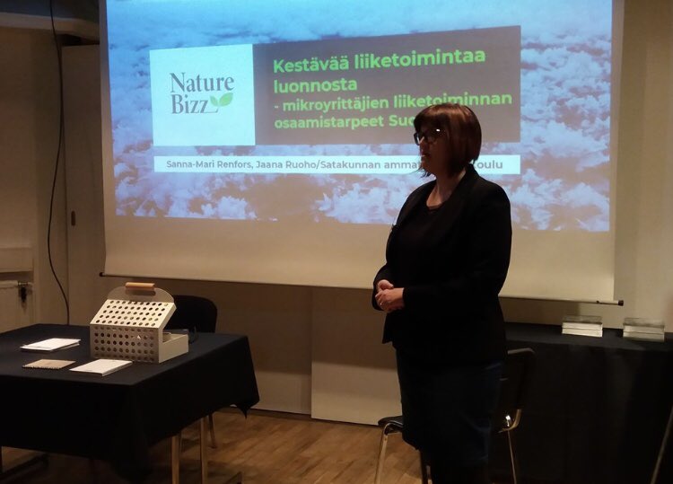 NatureBizz's tweet photo. We are presenting the results and the training programme for green micro entrepreneurs in the annual meeting of The Finnish Society for Rural Research and Development in Ähtäri Finland.
#MUAtapaa2019 https://t.co/GfuzcBuoLo