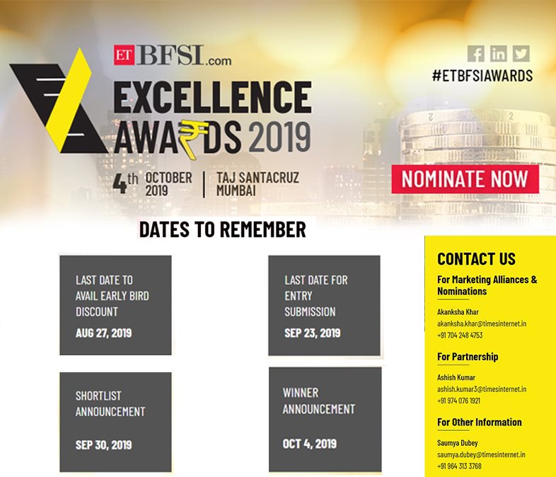 ETBFSI's tweet image. Hurry up!
Last date to avail early bird discount - August 27, 2019.
The ETBFSI Excellence Awards will be attended by
#CMDs #CEOs #CIOs #EDs

Nominate now : bit.ly/2Kt81L8

#ETBFSIawards #BFSI #Excellenceawards
