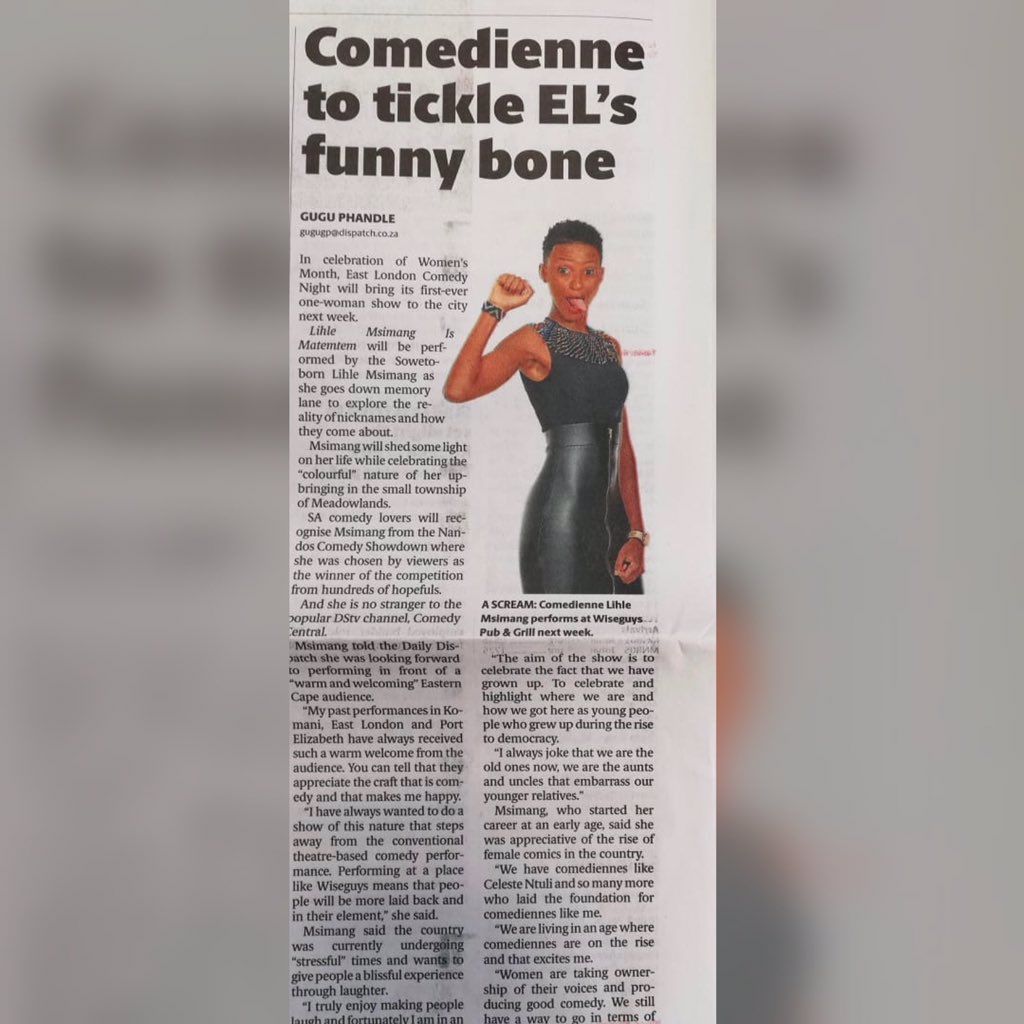 ComedyNight_EC's tweet photo. ICYMI: our feature in today’s @Dispatch_DD on our First One Woman Show with LIHLE MSIMANG talking all things ‘Matemtem’ happening next Wed 28 Aug.

Seating space is limited so make sure you book your tickets now on Quicket or WhatsApp 0721070554. https://t.co/w3RDTxrmX8