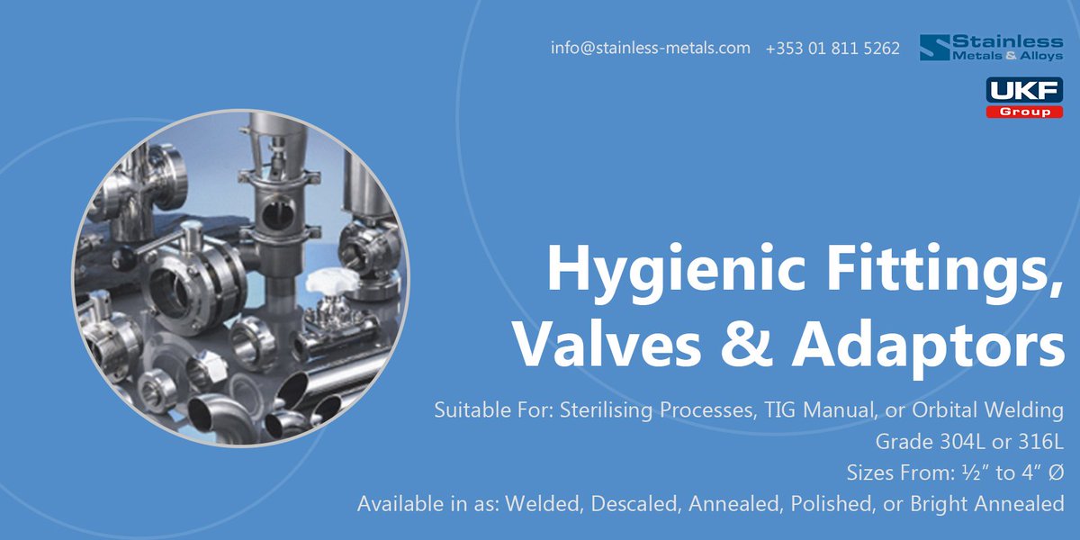 StainlessMetals's tweet photo. Our valves, adaptors and fittings are available for #hygiene and #sterilising processes, and suitable for TIG manual or orbital welding. 

For a full list of products, contact our team today 
+353 (0)1 811 5262 | info@stainless-metals.com

#Engineering | #StainlessSteel https://t.co/Rc7JN6g3lL