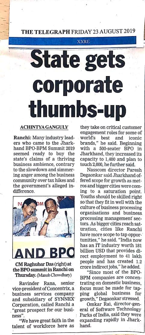 StpiRanchi's tweet photo. Jharkhand BPO/BPM SUMMIT 2019 news coverage 
@PMOIndia @GoI_MeitY #BPOPromotionScheme  
@rsprasad @dasraghubar @InvestJharkhand  
@SanjayDhotreMP @SecretaryMEITY  #STPIINDIA 
@stpiindia @Omkar_Raii @DeveshTyagii 
@stpibbsr @manas_r_panda @ITDept_JH https://t.co/gNTVYxbEJg
