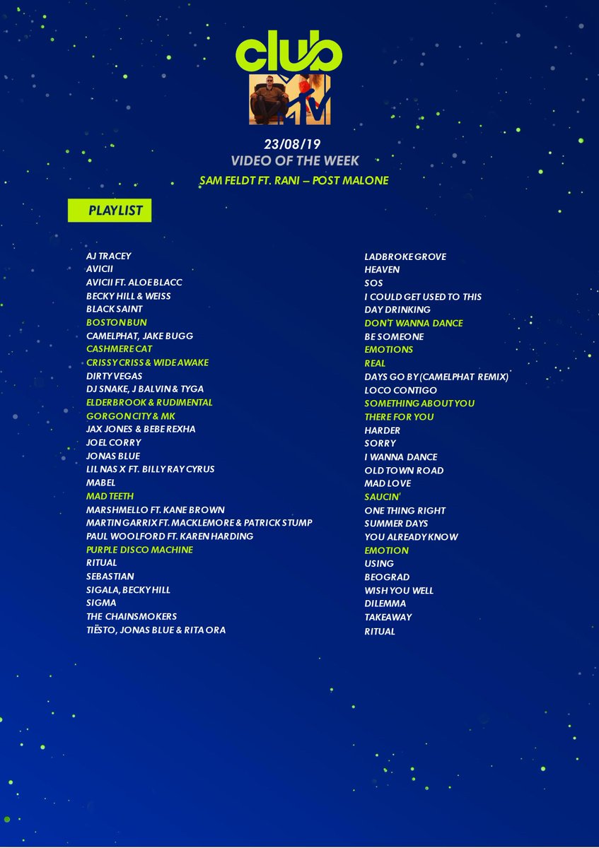 Bangers incoming from the latest <a href="/ClubMTV/">Club MTV</a> (Sky 354/Virgin 314) playlist ft...
<a href="/SamFeldtMusic/">Sam Feldt</a> 
<a href="/bbbostonbun/">B.BUN</a> 
<a href="/CASHMERECAT/">cashmere cat</a> 
<a href="/CrissyCriss/">CRISSY CRISS</a> 
<a href="/_elderbrook/">Elderbrook</a> 
<a href="/Rudimental/">Rudimental</a> 
<a href="/GorgonCity/">Gorgon City</a> 
<a href="/MarcKinchen/">MK (Marc Kinchen)</a> 
<a href="/madteethworld/">Mad Teeth</a> 
<a href="/PurpleDiscoM/">Purple Disco Machine</a> 
Listen here: fal.cn/33AEy  🔥