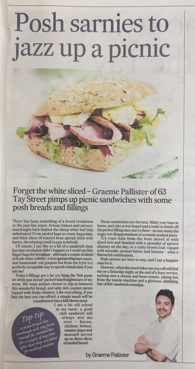 63TayStreet's tweet photo. Ahead of the expected heatwave, G has written a column for @courier_pshire Menu Mag, telling you to ditch the white sliced and pimp up your picnic sarnies with posh breads and fillings...oooooooh! 💛 #Packapicnic #localhonestsimple #cheftips #michelinguide #Sandwich https://t.co/smkz101lNz