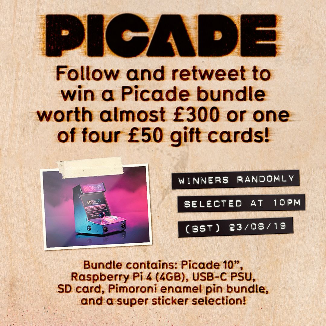 pimoroni's tweet image. 🕹 Day 4/7 is the big kahuna! A Picade bundle, with Picade 10&quot;, Raspberry Pi 4 (4GB), PSU, SD card, enamel pins, and stickers. Plus there&apos;s another four £50 gift cards! #retrogames #retrogaming

Follow and retweet to enter, and we&apos;ll pick the winners at 10pm-ish (BST) tonight!