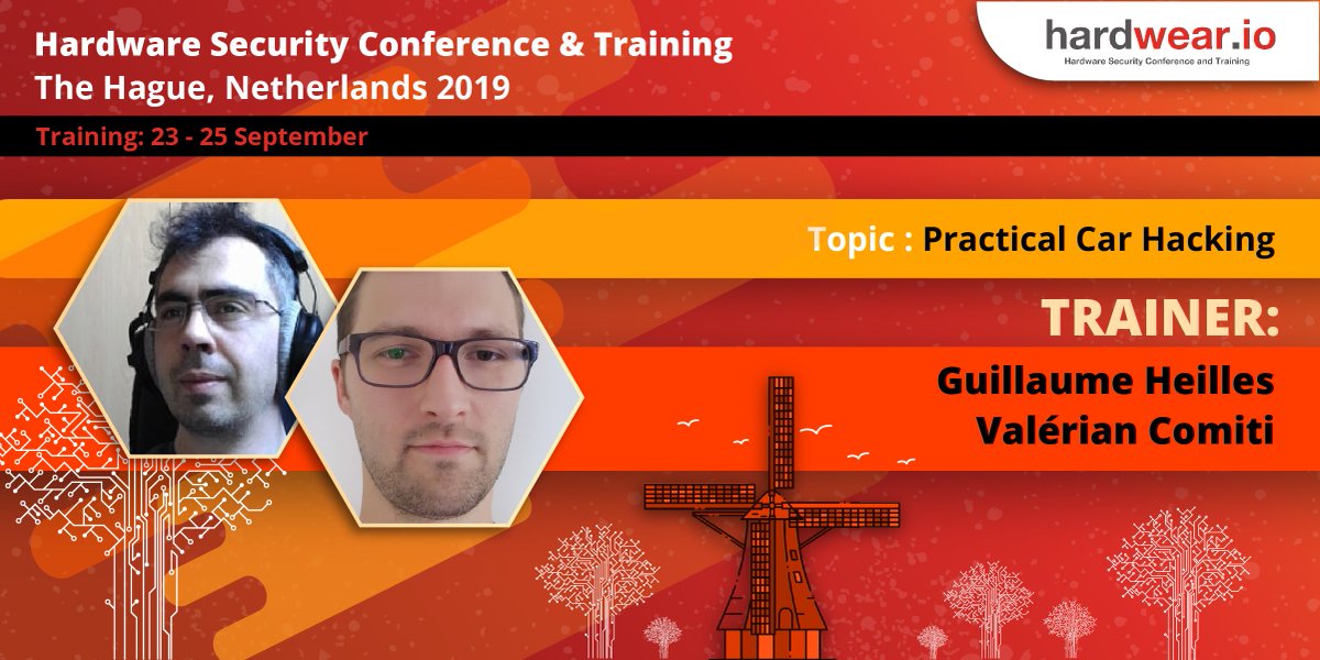 #30DaysToGo

The popular practical car hacking training just got an update. Valérian Comiti, a security expert in embedded systems at <a href="/quarkslab/">quarkslab</a>, joined as co-trainer with <a href="/PapaZours/">Guillaume Heilles</a>.
Limited seats left, register to attend ➡️
bit.ly/2EUsSVF

#CarHacking #Security