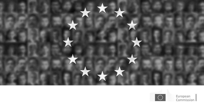 white stars on grey background of blurred faces