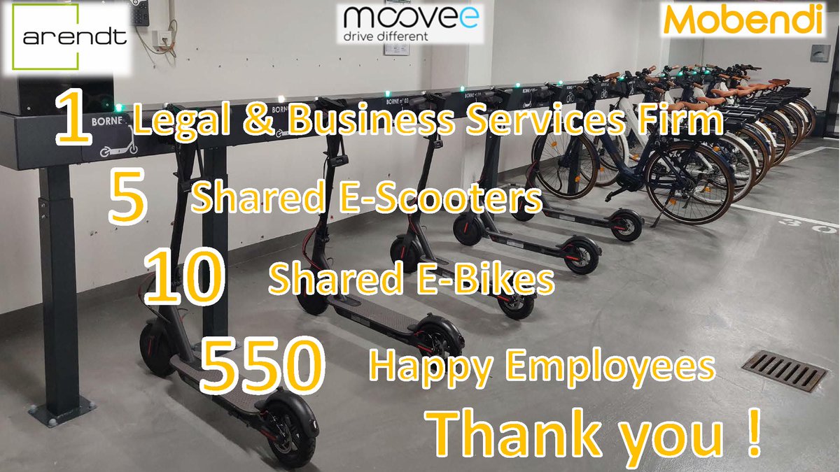 Thanks to our partner in Luxembourg <a href="/MooveeMobility/">Moovee Mobility</a>, we have installed a station combining e-scooters and e-bikes for the mobility needs of the lawyers of <a href="/ArendtMedernach/">Arendt_Luxembourg</a>. 
A sustainable, easy to use and convenient solution !

Congratulations ! 

mobendi.com