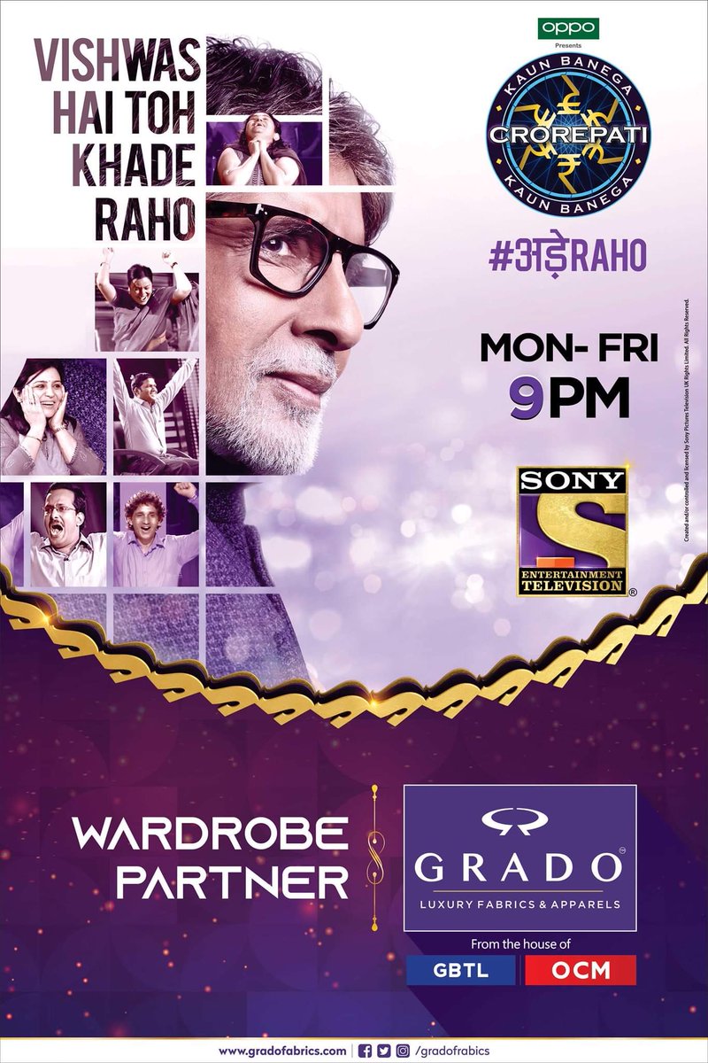 GradoFabrics's tweet photo. Presenting our next BIG association as the Official Wardrobe Partner of #KBC! 
Stay tuned to see Amitabh Bachchan in fine fabrics during Season 11.

#sony  #kaunbanegacrorepati #wardrobepartner #fabrics #menswear #suiting https://t.co/YfDFDObi5H