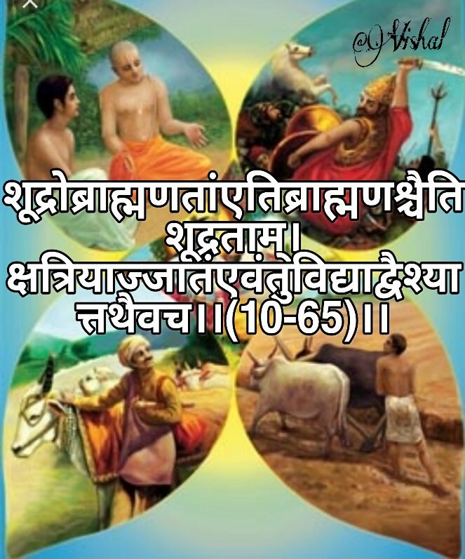 Provision for change of Varna in Varna Vyavastha.Manu says in this verse that a Brahmana becomes a Shudra andvice versa on the basis of one’s merits, actions and abilities. Similarly suchan interchange also takes place between Kshatriyas and Vaishyas(8/n)