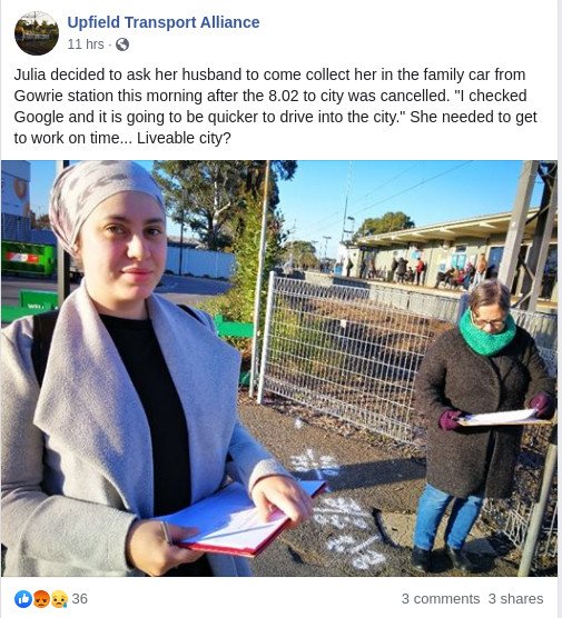 UpfieldUpgrade's tweet photo. Julia's story...once 8.02 train cancelled, quicker to drive and be late for work in the city from Gowrie than wait for next packed train #Upfieldline #situationnormal . Meanwhile #sringst ignores need for #UpgradeUpfield @JacintaAllanMP @Frank_McGuire @TimRRead https://t.co/YfU8g2KEV6