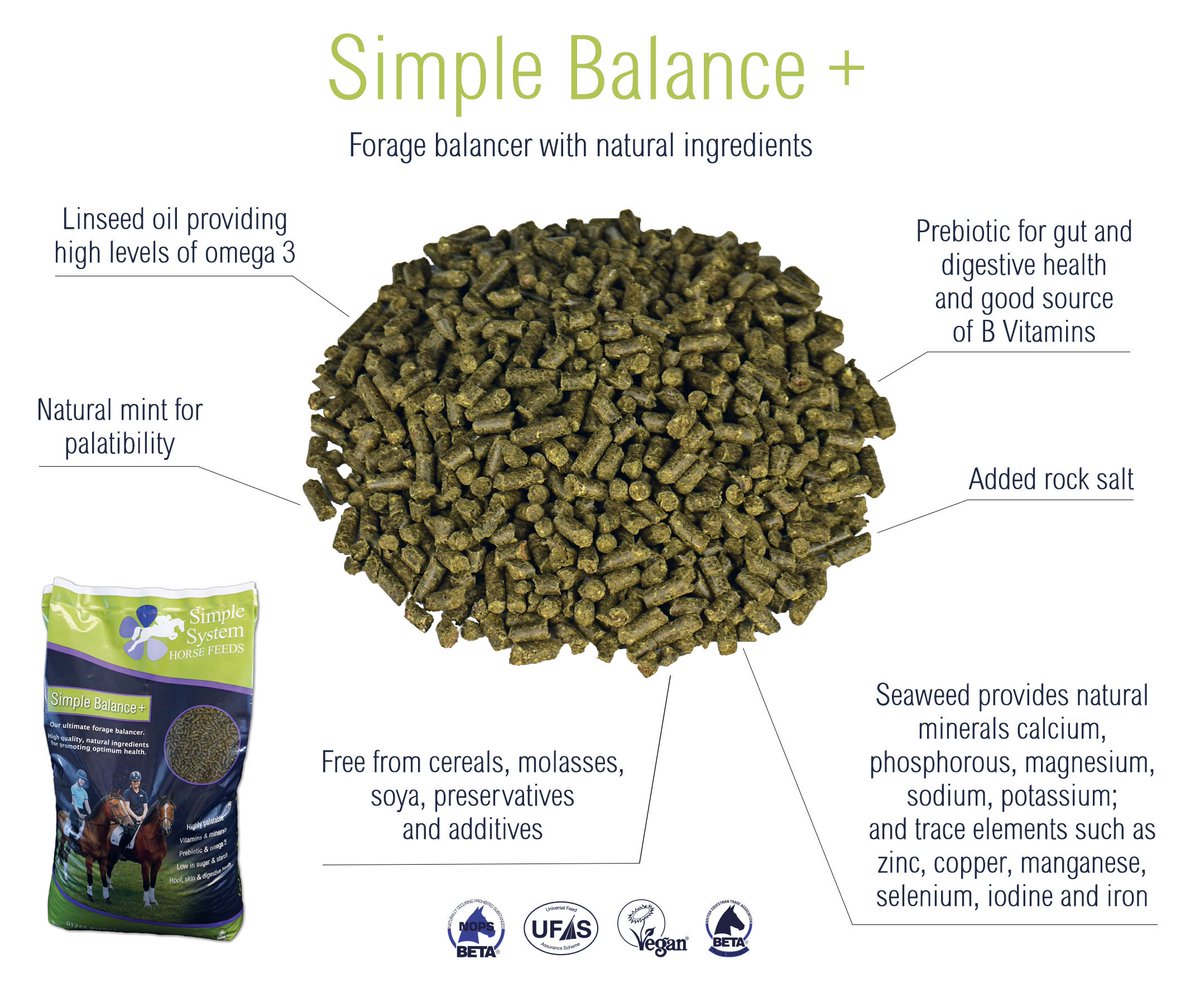 SimpleSystemUK's tweet image. Simple Balance + is our pelleted forage balancer - natural, cereal-free and palatable for your horse 🐴🌱 #EquineNutrition #SimpleSystem