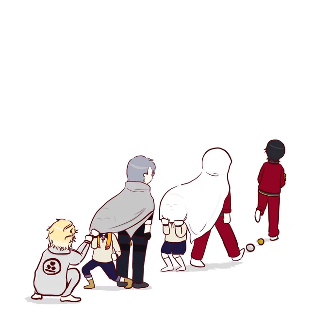 堀川が落とした刀装を拾いに行く山姥切の布を被って遊ぶ包丁を見る長義の布を被って遊ぶ博多の手元で揺れるタッセルが気になる南泉 
