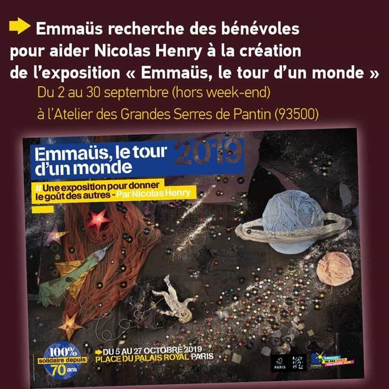EMMAUSolidarite's tweet photo. ❗❗ APPEL À BÉNÉVOLAT❗❗
Participez vous aussi aux #70ans du Mouvement #Emmaüs et aidez à  créer l'exposition #photo📸 "Emmaüs, le tour d'un monde" de Nicolas Henry.

Vous êtes créatif-ve, manuel-lle, motivé.e...? 
Engagez-vous avec nous➡️https://t.co/E6k9VCK1Jr
@emmaus_france https://t.co/Eame5vIG7I